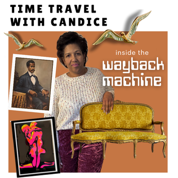 Time Travel with Candice shows Candice Spicer with some of the art and style from her home in Smoke Rise, GA and a caption that says Inside the Wayback Machine.